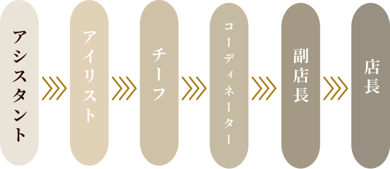 アイリストのキャリアステップ: アシスタント → アイリスト → チーフ → コーディネーター → 副店長 → 店長